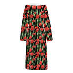 Red Watercolor Tulip Pattern Print Hooded Bathrobe