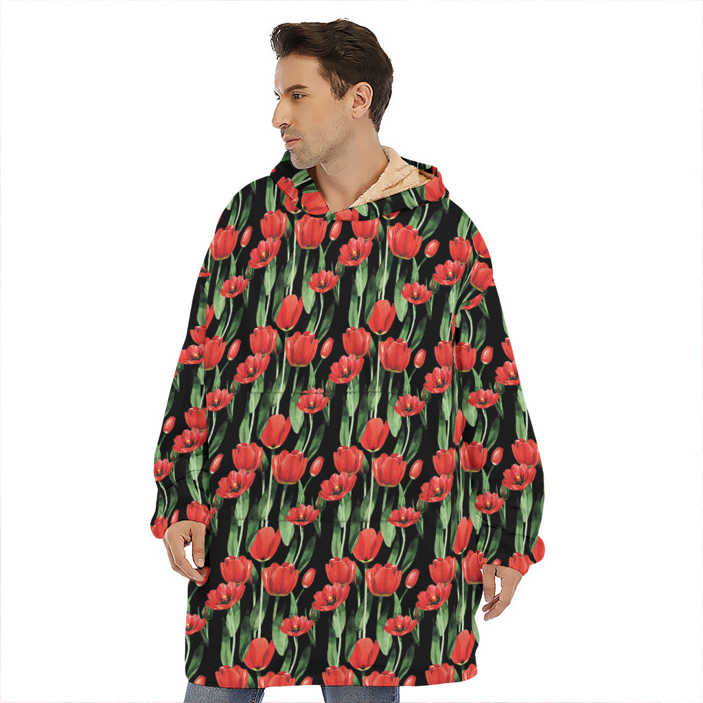 Red Watercolor Tulip Pattern Print Hoodie Blanket