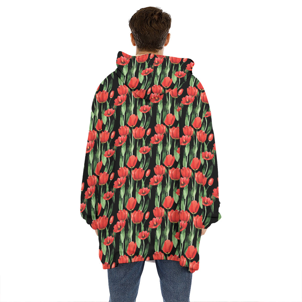 Red Watercolor Tulip Pattern Print Hoodie Blanket