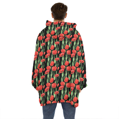 Red Watercolor Tulip Pattern Print Hoodie Blanket