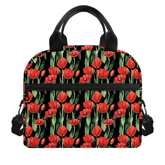 Red Watercolor Tulip Pattern Print Insulated Lunch Bag