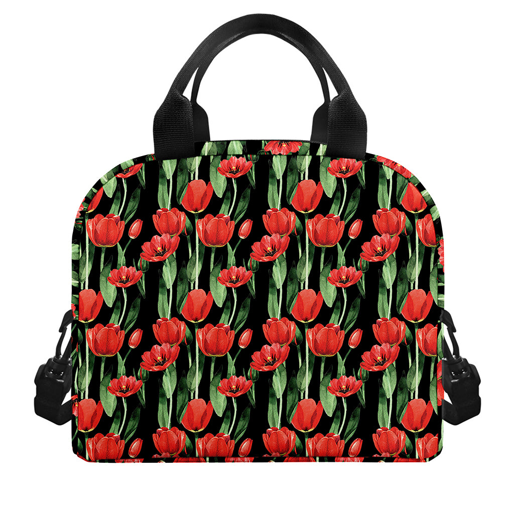 Red Watercolor Tulip Pattern Print Insulated Lunch Bag