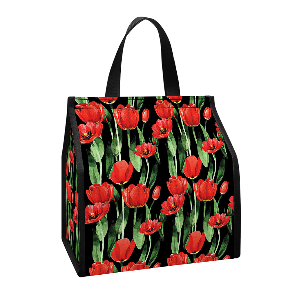 Red Watercolor Tulip Pattern Print Insulated Lunch Tote