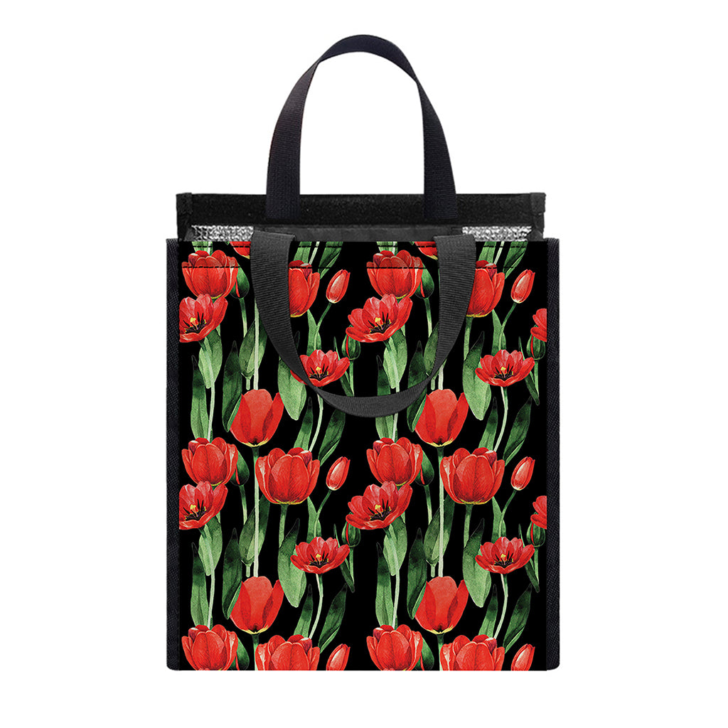 Red Watercolor Tulip Pattern Print Insulated Lunch Tote