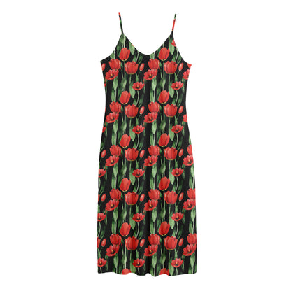 Red Watercolor Tulip Pattern Print Jersey Midi Cami Dress