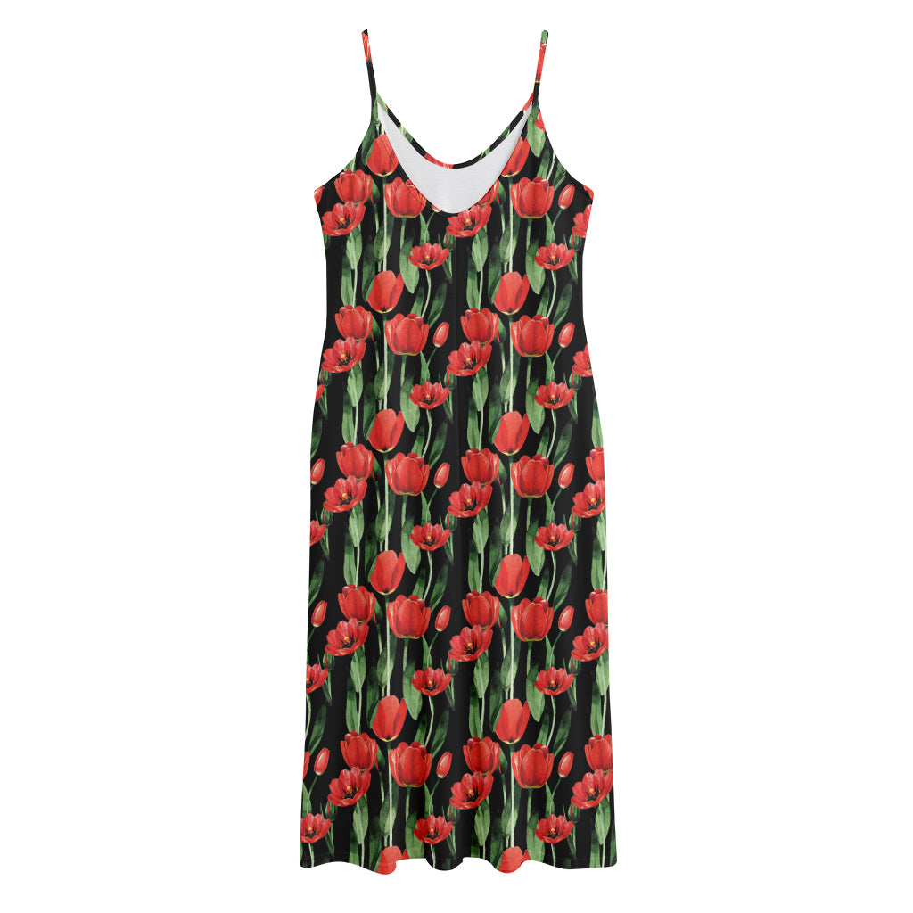 Red Watercolor Tulip Pattern Print Jersey Midi Cami Dress