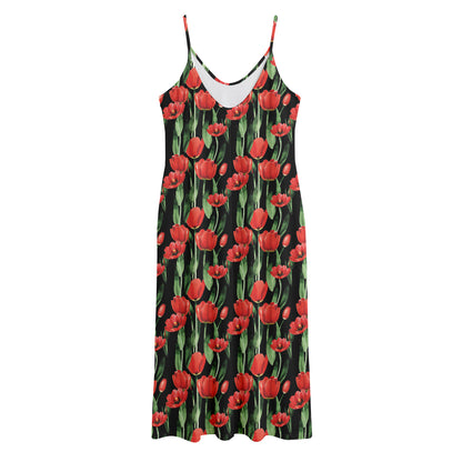 Red Watercolor Tulip Pattern Print Jersey Midi Cami Dress