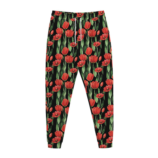 Red Watercolor Tulip Pattern Print Jogger Pants