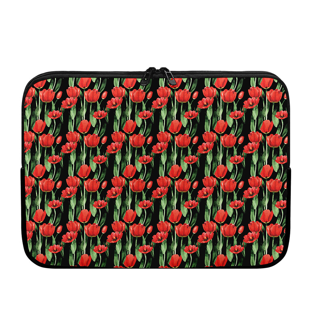 Red Watercolor Tulip Pattern Print Laptop Sleeve