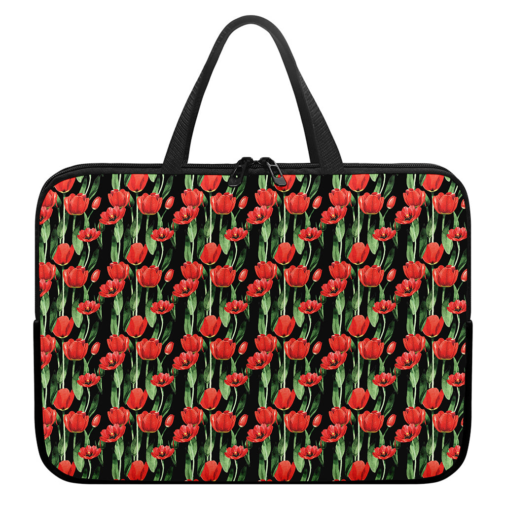 Red Watercolor Tulip Pattern Print Laptop Sleeve With Handle
