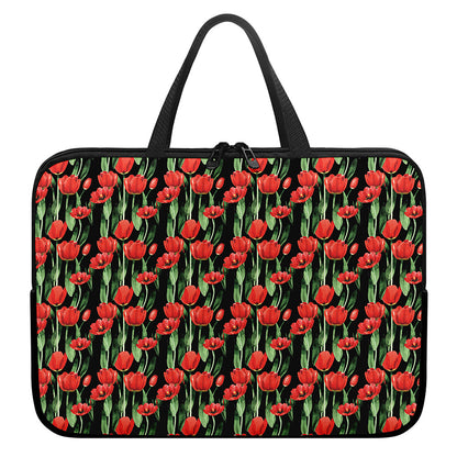 Red Watercolor Tulip Pattern Print Laptop Sleeve With Handle