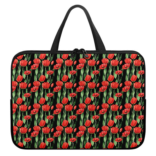 Red Watercolor Tulip Pattern Print Laptop Sleeve With Handle