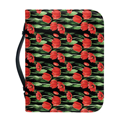 Red Watercolor Tulip Pattern Print Leather Bible Cover