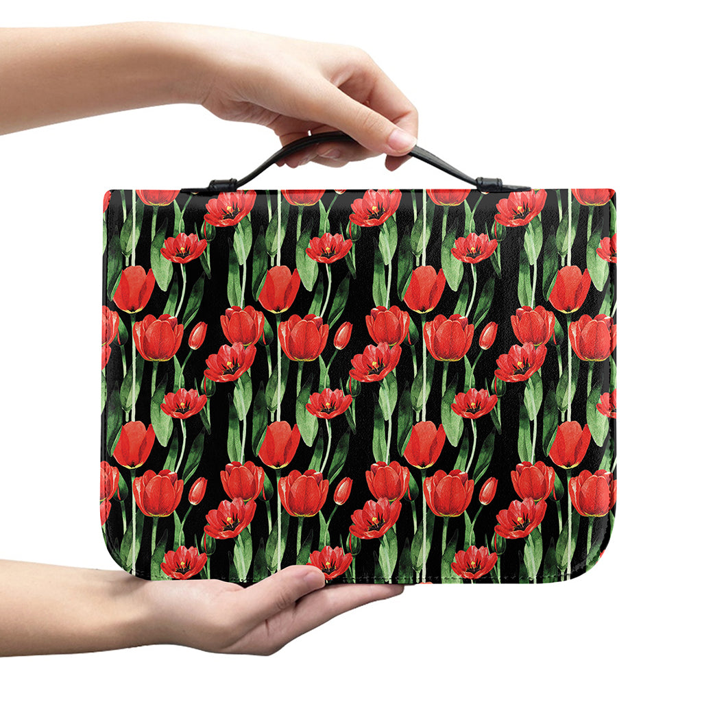 Red Watercolor Tulip Pattern Print Leather Bible Cover