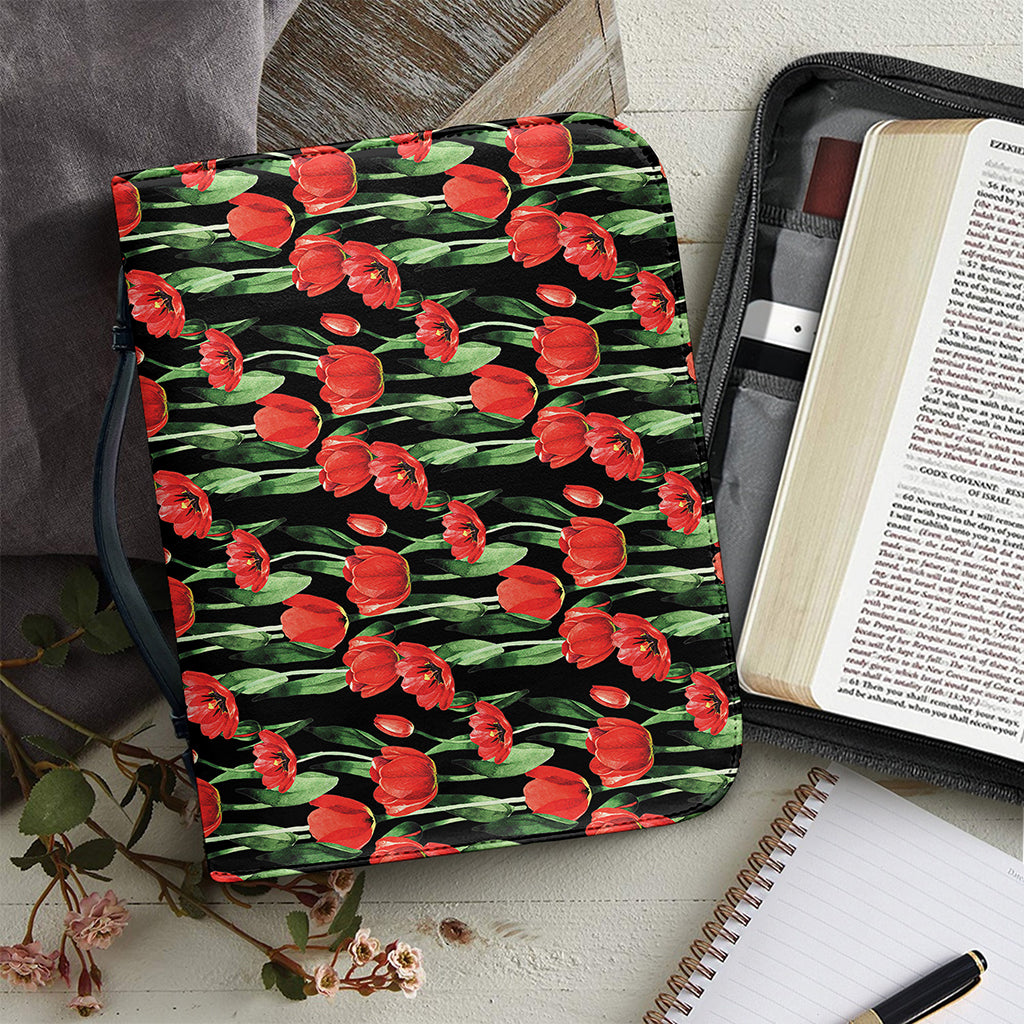 Red Watercolor Tulip Pattern Print Leather Bible Cover