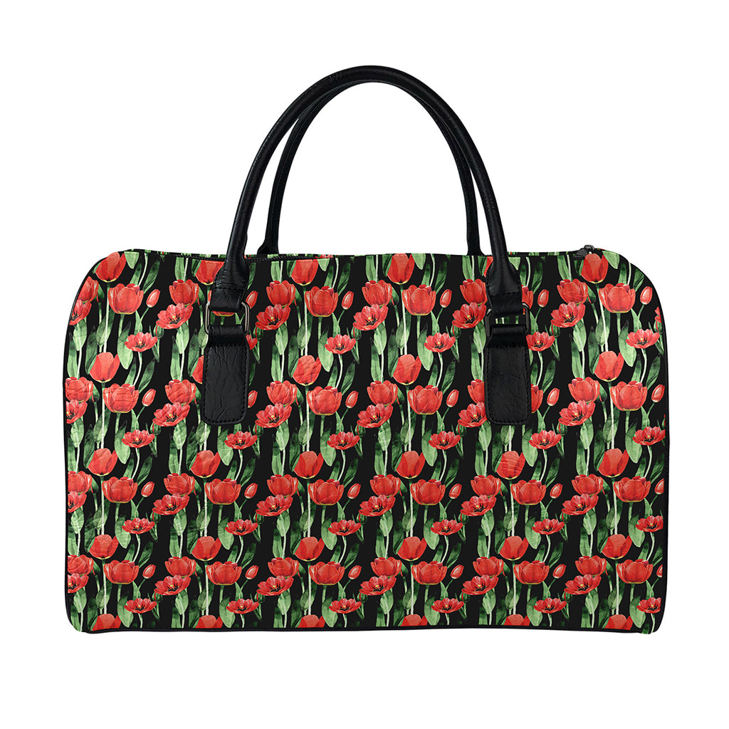 Red Watercolor Tulip Pattern Print Leather Duffle Bag