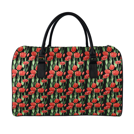 Red Watercolor Tulip Pattern Print Leather Duffle Bag