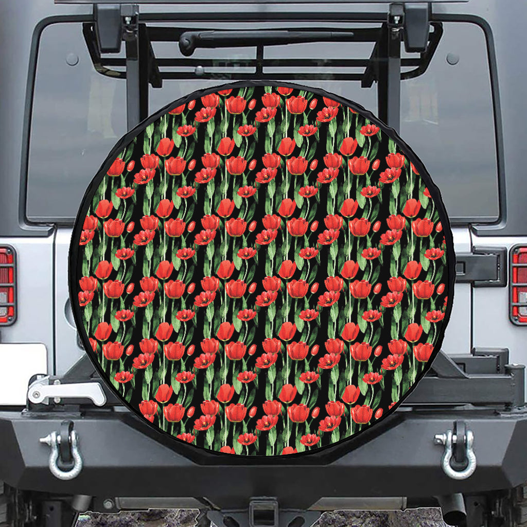 Red Watercolor Tulip Pattern Print Leather Spare Tire Cover