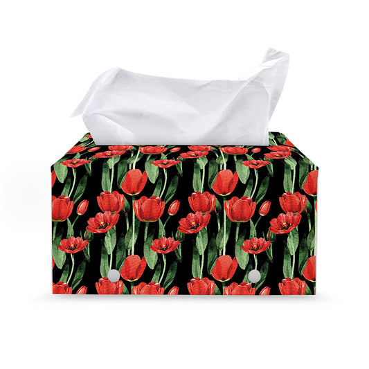 Red Watercolor Tulip Pattern Print Leather Tissue Box Cover