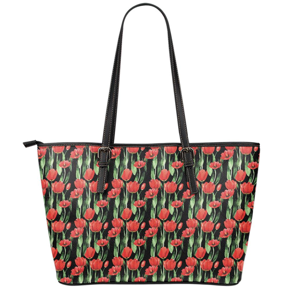 Red Watercolor Tulip Pattern Print Leather Tote Bag