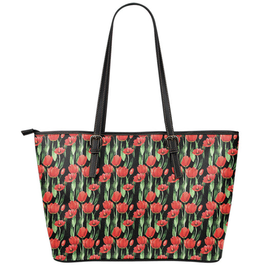Red Watercolor Tulip Pattern Print Leather Tote Bag