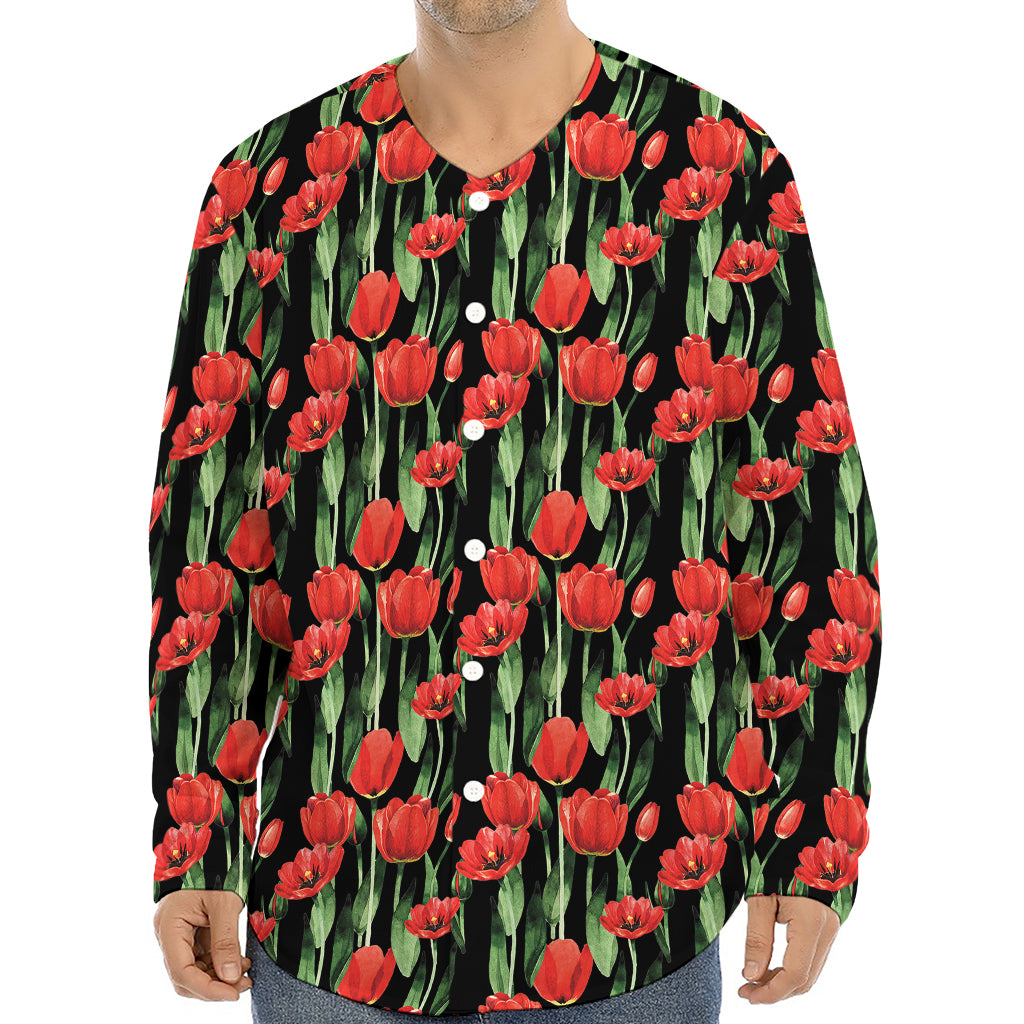 Red Watercolor Tulip Pattern Print Long Sleeve Baseball Jersey