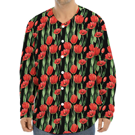 Red Watercolor Tulip Pattern Print Long Sleeve Baseball Jersey