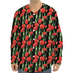 Red Watercolor Tulip Pattern Print Long Sleeve Baseball Jersey