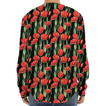 Red Watercolor Tulip Pattern Print Long Sleeve Baseball Jersey