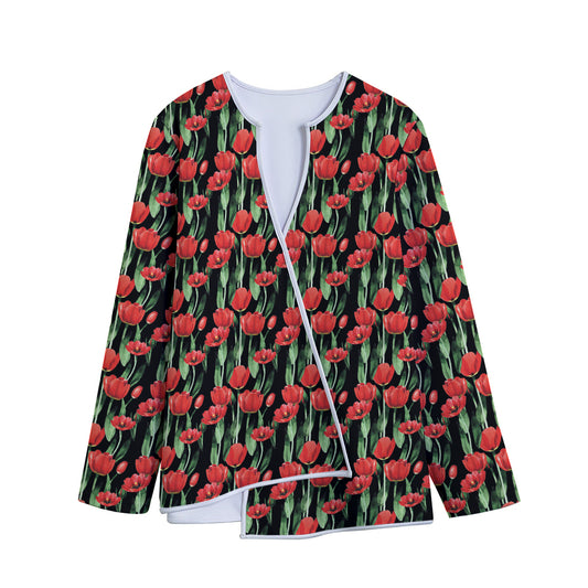Red Watercolor Tulip Pattern Print Long Sleeve Short Coat