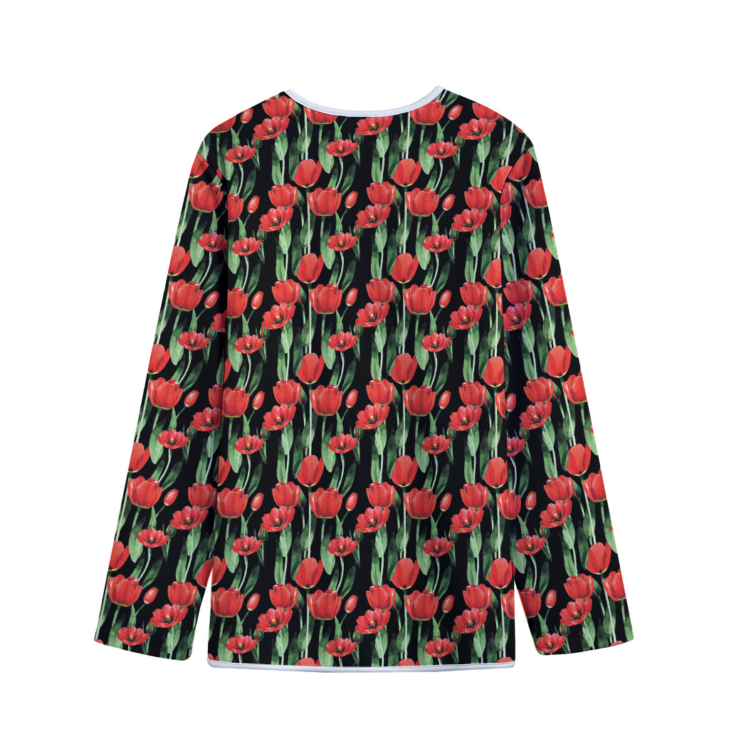 Red Watercolor Tulip Pattern Print Long Sleeve Short Coat