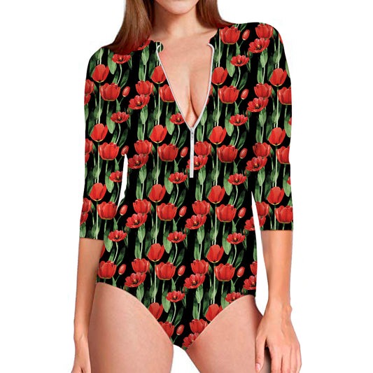 Red Watercolor Tulip Pattern Print Long Sleeve Swimsuit