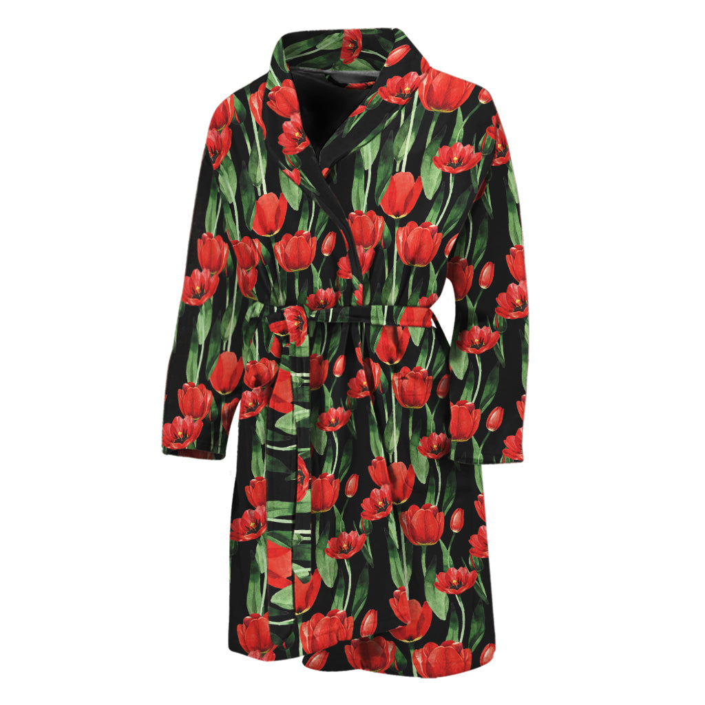 Red Watercolor Tulip Pattern Print Men's Bathrobe