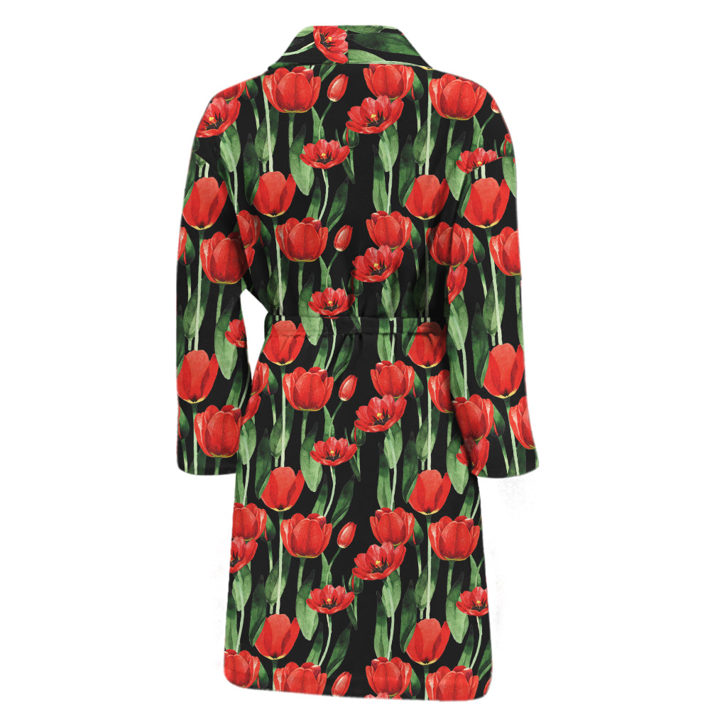 Red Watercolor Tulip Pattern Print Men's Bathrobe