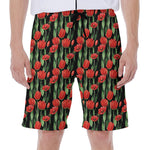 Red Watercolor Tulip Pattern Print Men's Beach Shorts