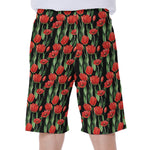 Red Watercolor Tulip Pattern Print Men's Beach Shorts