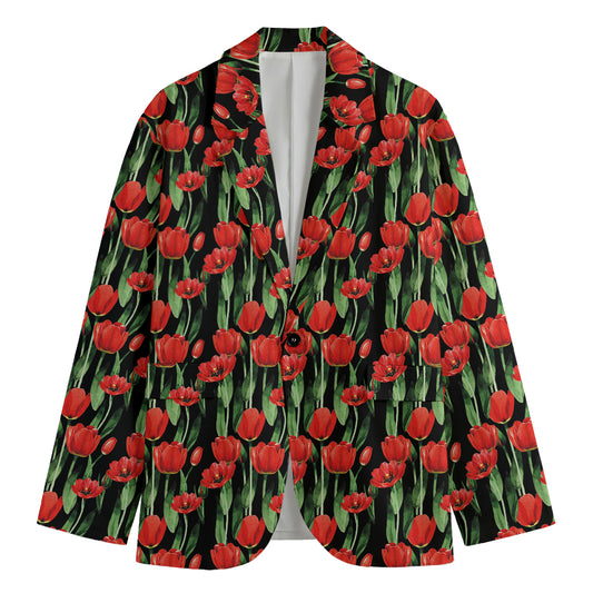 Red Watercolor Tulip Pattern Print Men's Blazer
