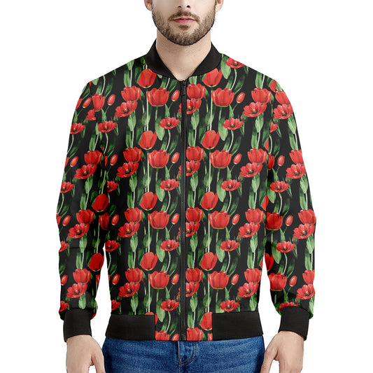 Red Watercolor Tulip Pattern Print Men's Bomber Jacket