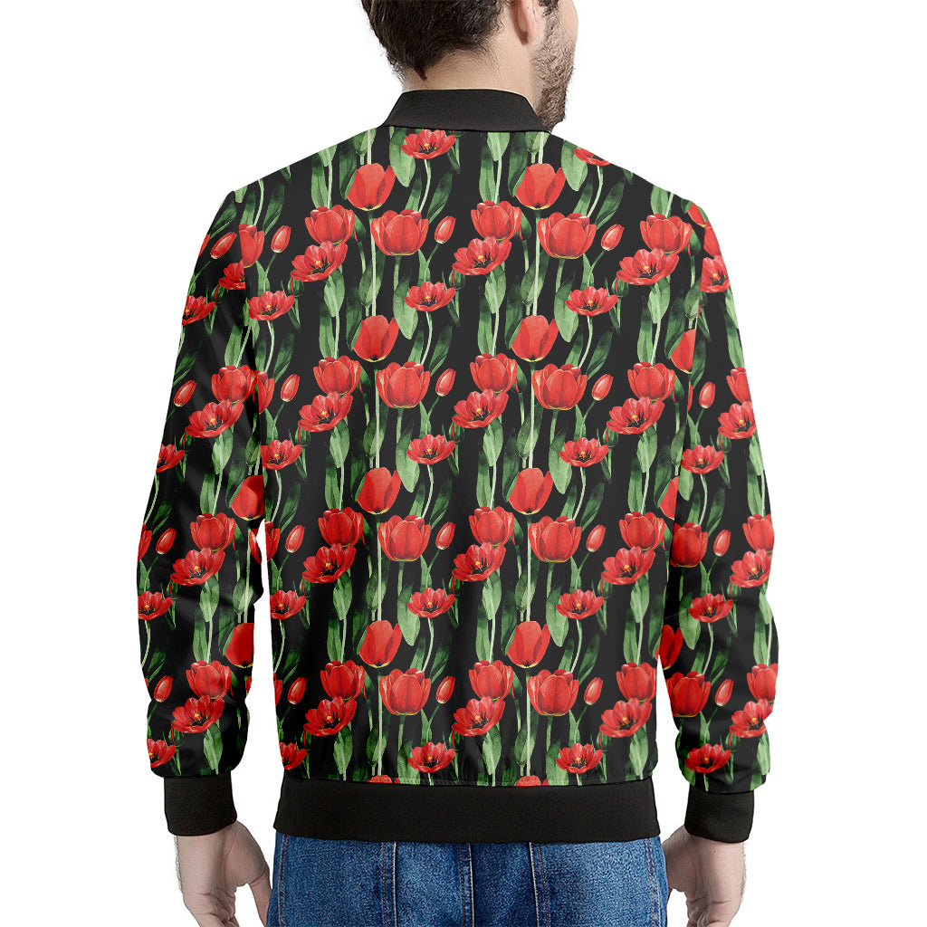 Red Watercolor Tulip Pattern Print Men's Bomber Jacket