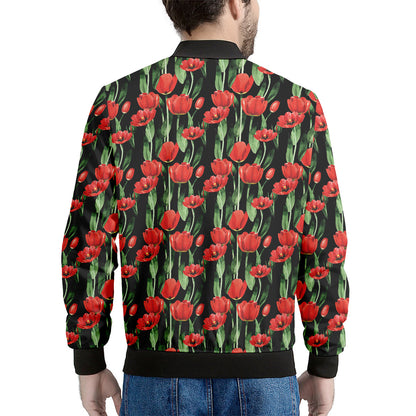 Red Watercolor Tulip Pattern Print Men's Bomber Jacket