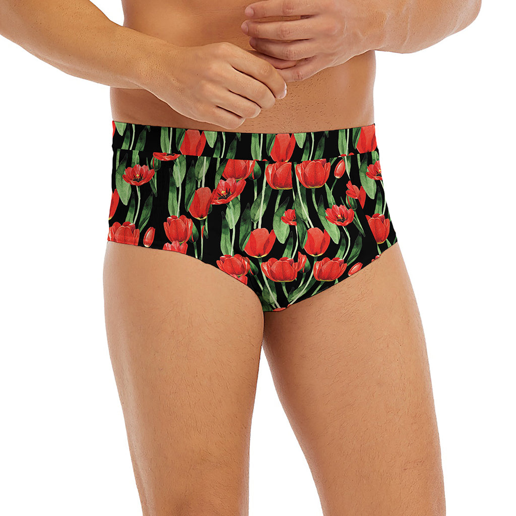 Red Watercolor Tulip Pattern Print Men's Briefs