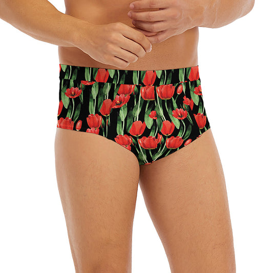 Red Watercolor Tulip Pattern Print Men's Briefs