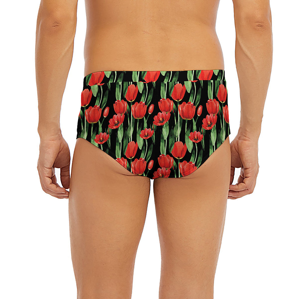 Red Watercolor Tulip Pattern Print Men's Briefs