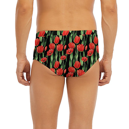 Red Watercolor Tulip Pattern Print Men's Briefs