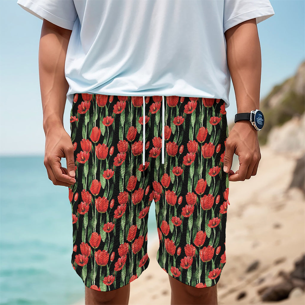 Red Watercolor Tulip Pattern Print Men's Cargo Shorts