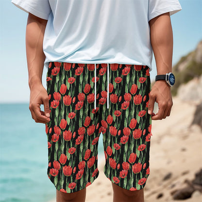 Red Watercolor Tulip Pattern Print Men's Cargo Shorts