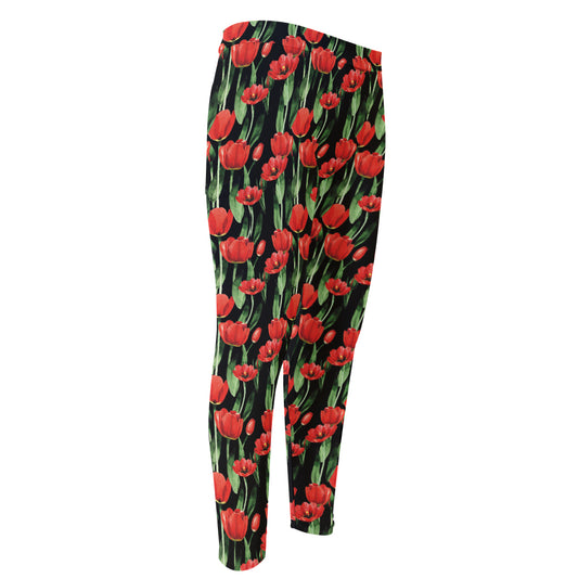 Red Watercolor Tulip Pattern Print Men's Compression Pants