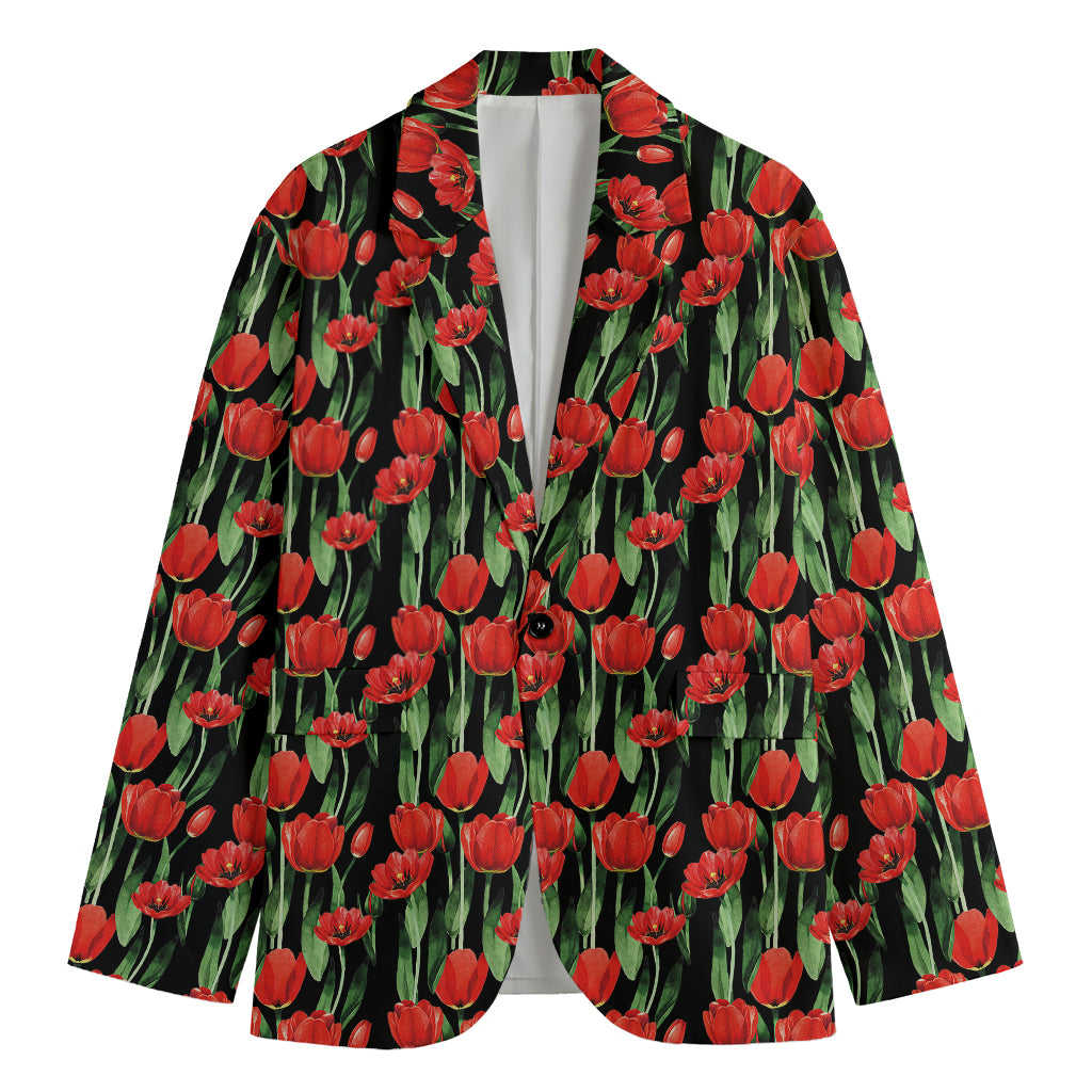 Red Watercolor Tulip Pattern Print Men's Cotton Blazer
