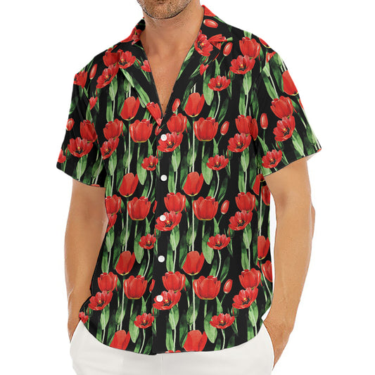 Red Watercolor Tulip Pattern Print Men's Deep V-Neck Shirt