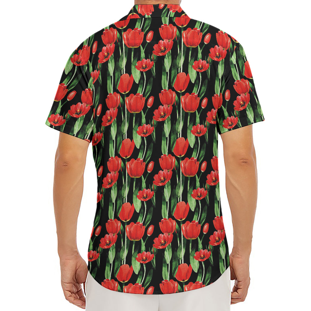 Red Watercolor Tulip Pattern Print Men's Deep V-Neck Shirt